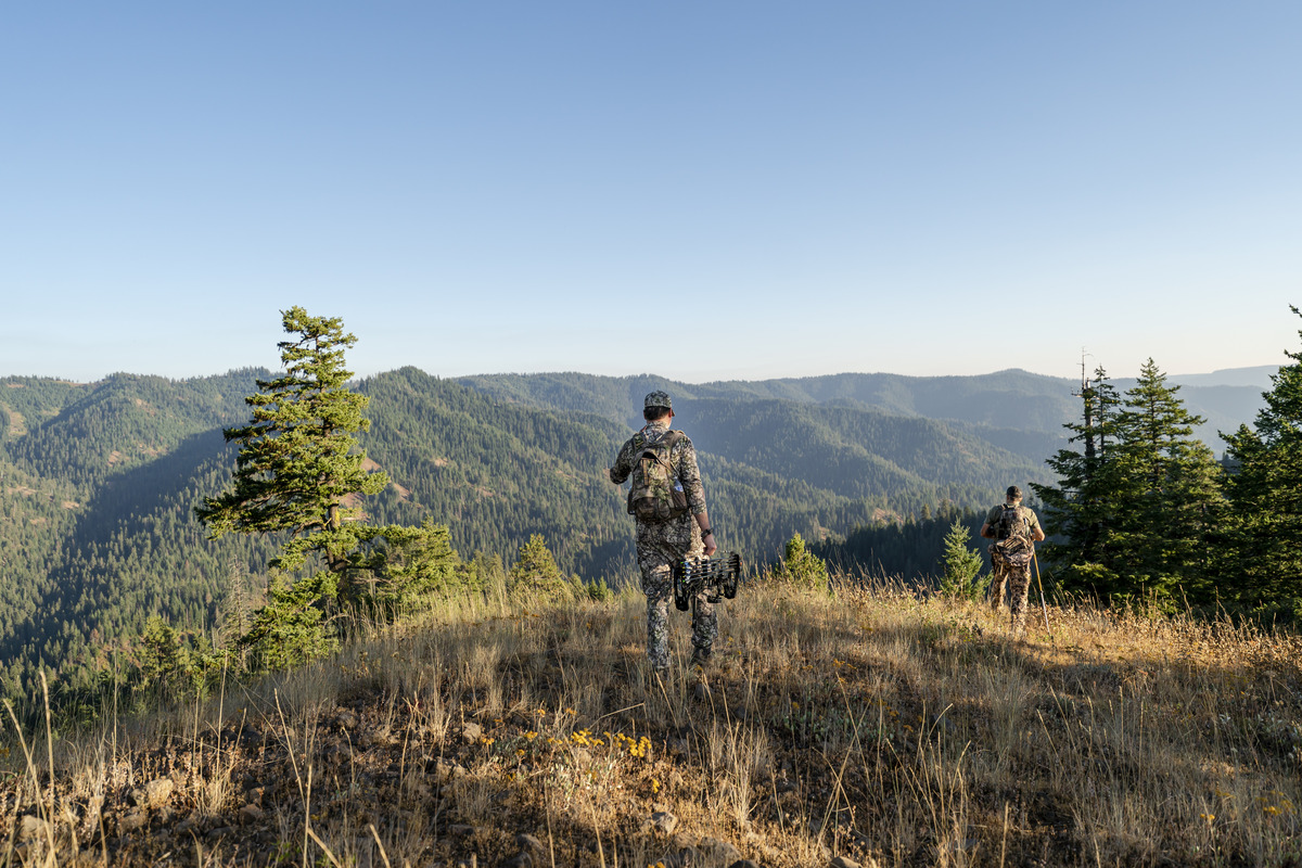 Two hunters in camo stand looking over a grassy ridge on public hunting land. Mountains grace the background.